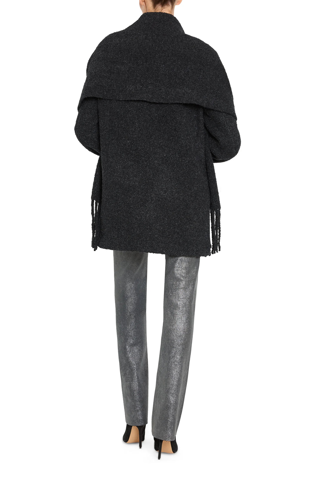 Boxy, mid-length coat in textured bouclé with attached scarf detail and clean lines, back view on model.