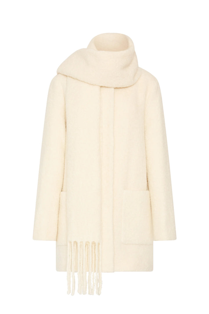 Bouclé coat with scarf, fringe trim, two front pockets, open front, mid-length silhouette; front view on white.