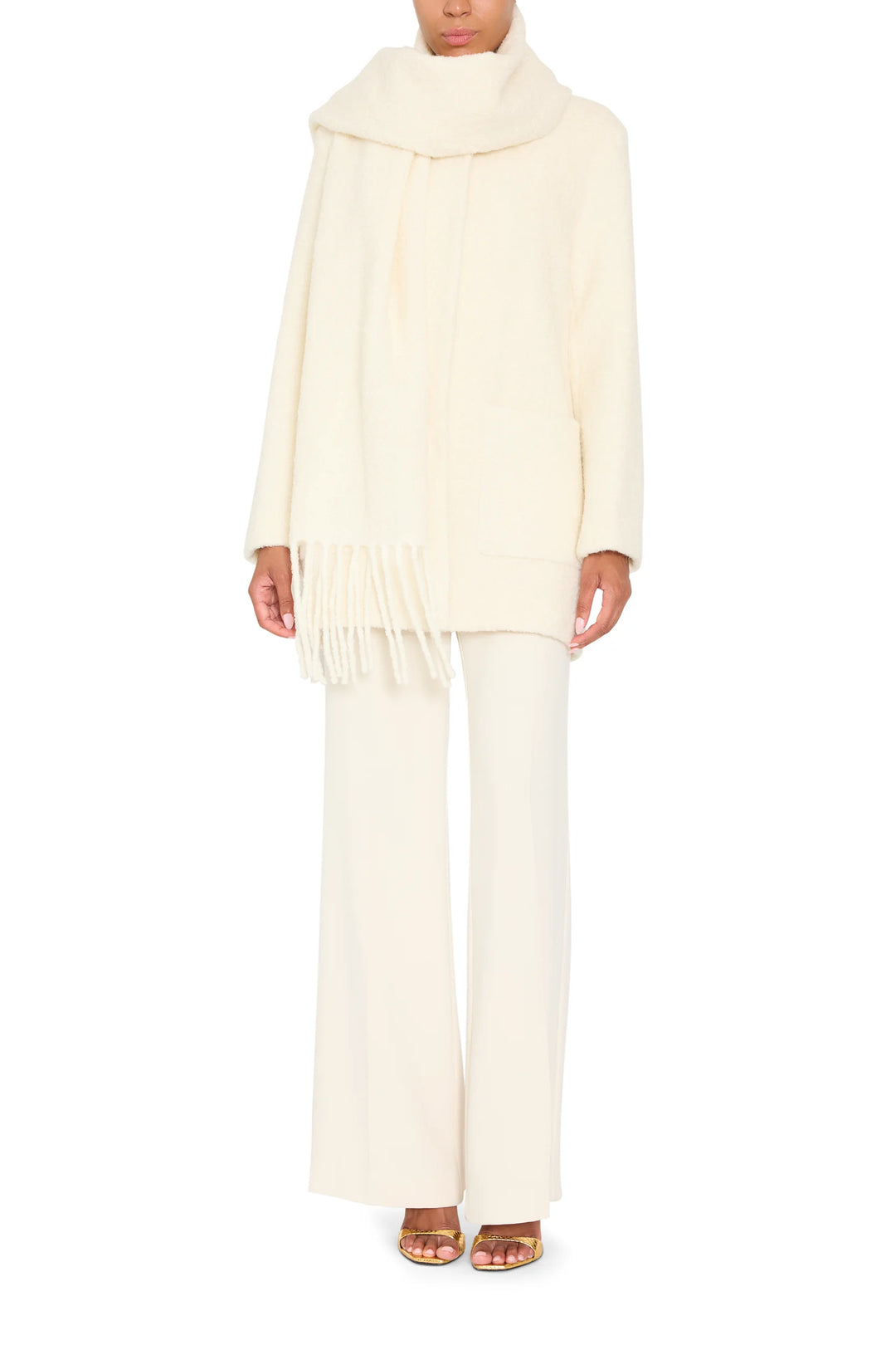 Leonie Bouclé Coat with tailored silhouette, textured fabric, structured collar; front view on white.