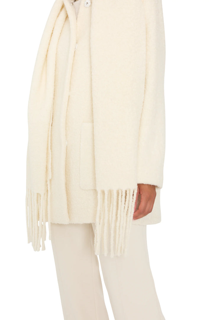 Leonie Bouclé Coat With Scarf, tailored silhouette, textured bouclé fabric, front view on model.