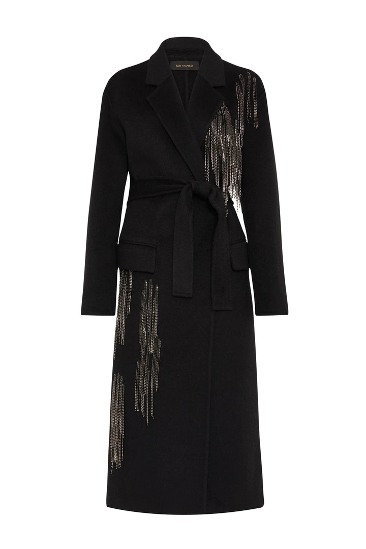 Long, tailored silhouette in double-faced wool, silver bead fringe at chest and hip. Front view on white.
