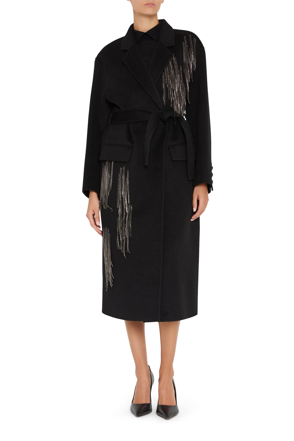 Long wool-blend coat with metallic fringe embellishment, structured silhouette, front view on model.