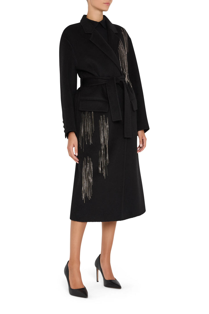 Sydni Wool Blend Embellished Coat with metallic fringe, structured silhouette, tailored construction; front view on white.