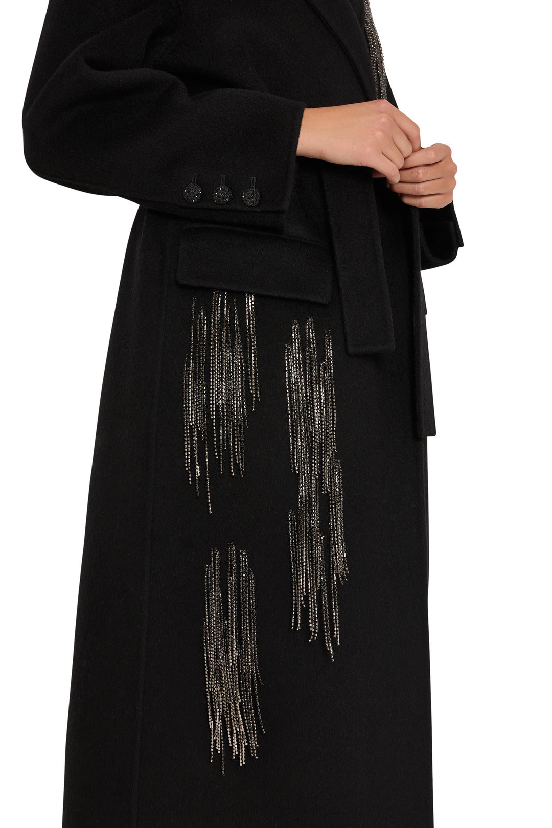 Longline wool-blend coat with metallic fringe embellishments, straight silhouette; front view on model.