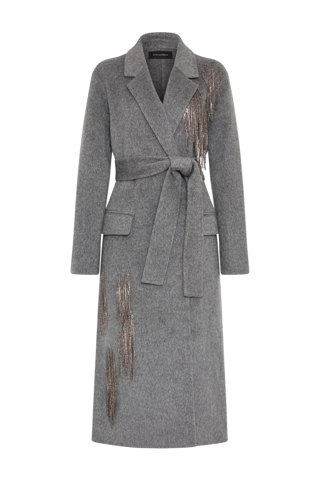 Long wool-blend coat with waist tie, beaded fringe accents, classic collar. Front view on white.