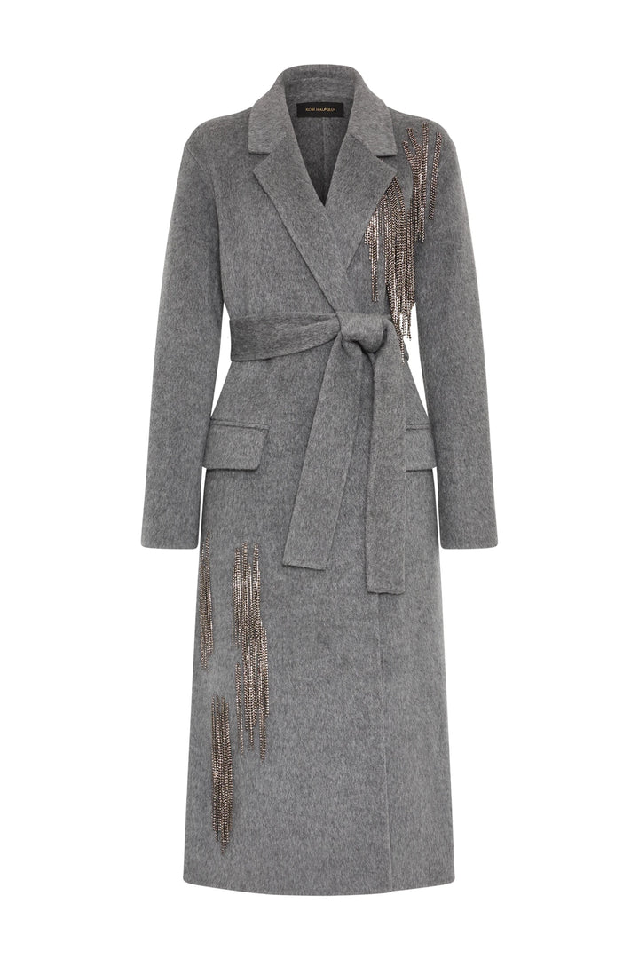 Long wool-blend coat with waist tie, beaded fringe accents, classic collar. Front view on white.