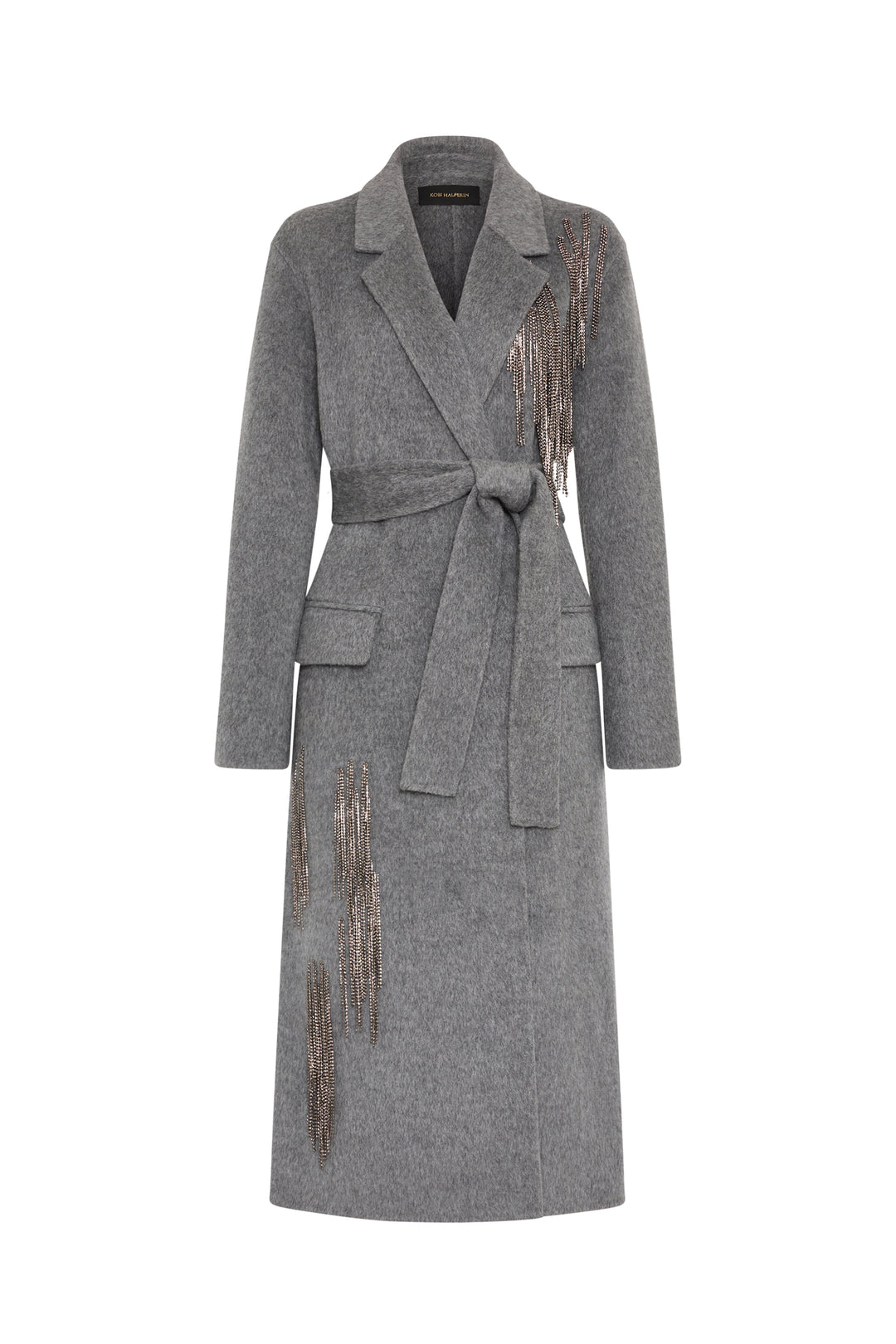 Wool blend coat with metallic fringe at shoulder and hem, tailored silhouette, front view on white.