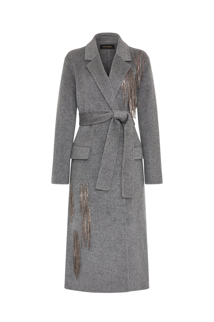 Wool blend coat with metallic fringe at shoulder and hem, tailored silhouette, front view on white.