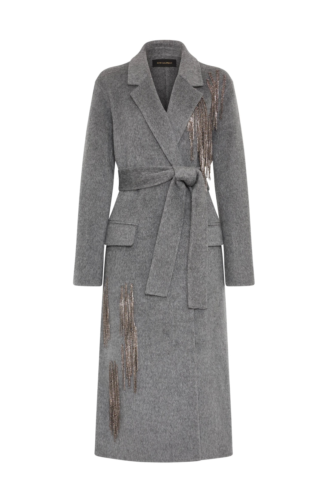 Grey wool coat with silver beaded fringe, structured silhouette, detailed embellishment; front view on white.