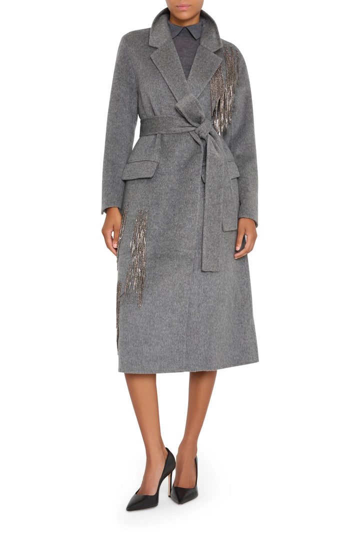 Tailored wool-blend coat with embellished details and structured silhouette; front view on model.