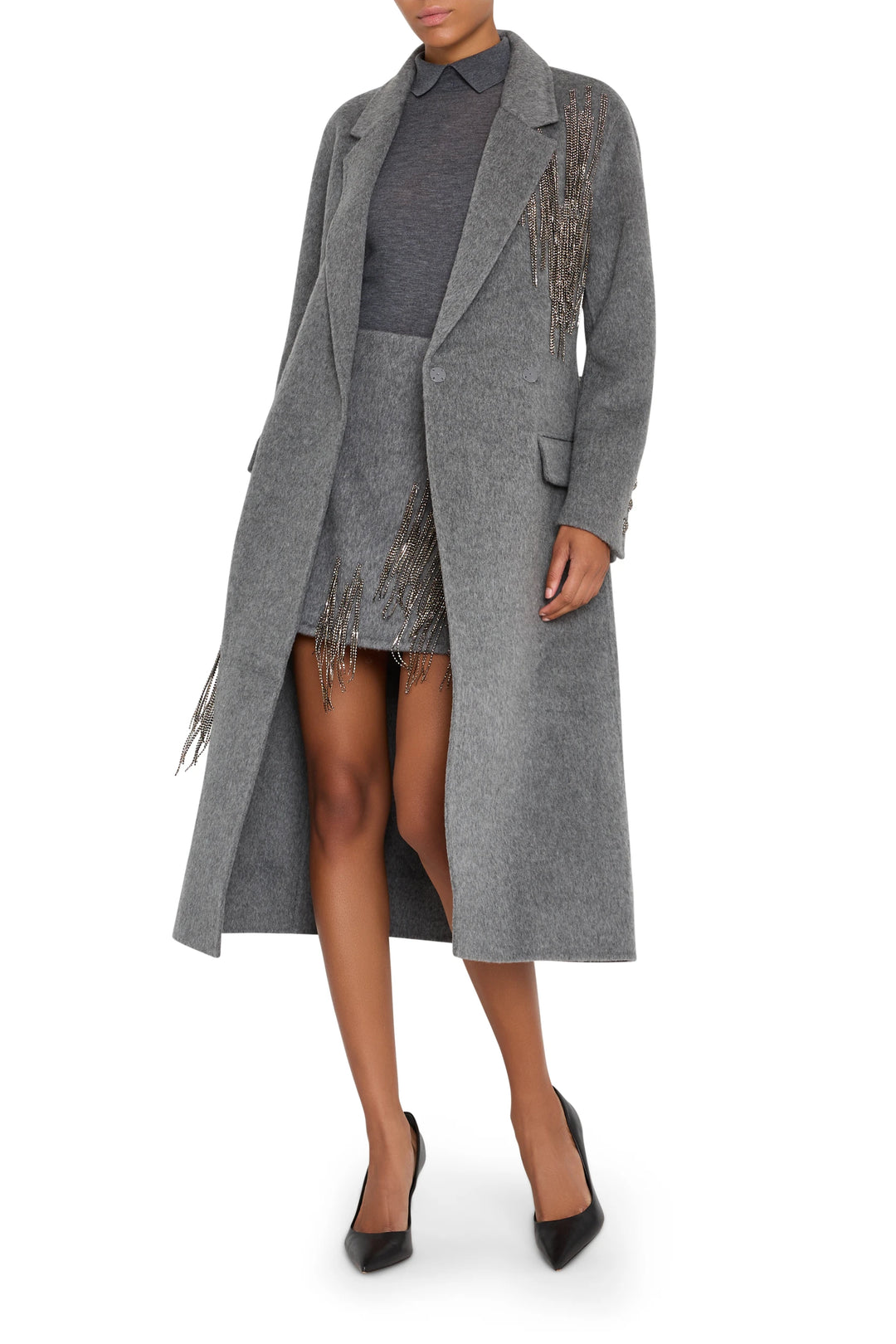 Tailored coat with embellished wool-blend fabric, structured silhouette, precise seams; front view on white.