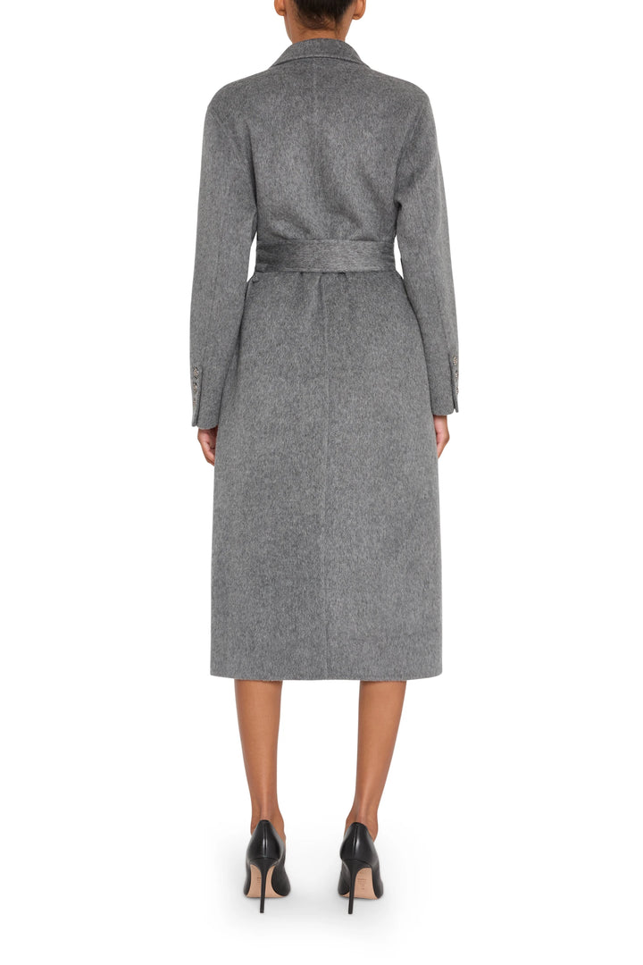 Longline tailored wool-blend coat with embellished detailing, structured shoulders, back view on white.
