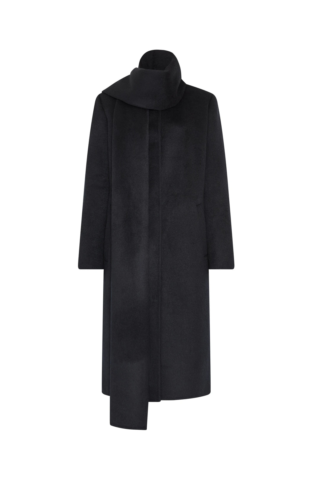 Sculptural-shouldered Olivia Wool Coat with wide draped collar, detachable scarf, tailored silhouette; front view on white.