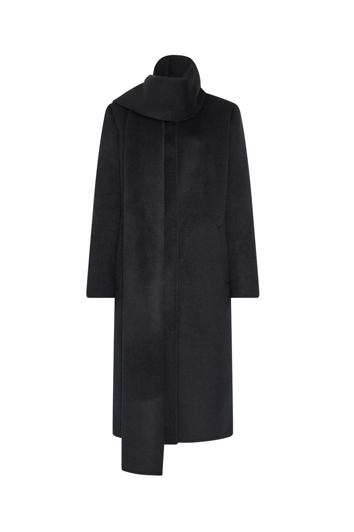 Sculptural-shouldered Olivia Wool Coat with wide draped collar, detachable scarf, tailored silhouette; front view on white.