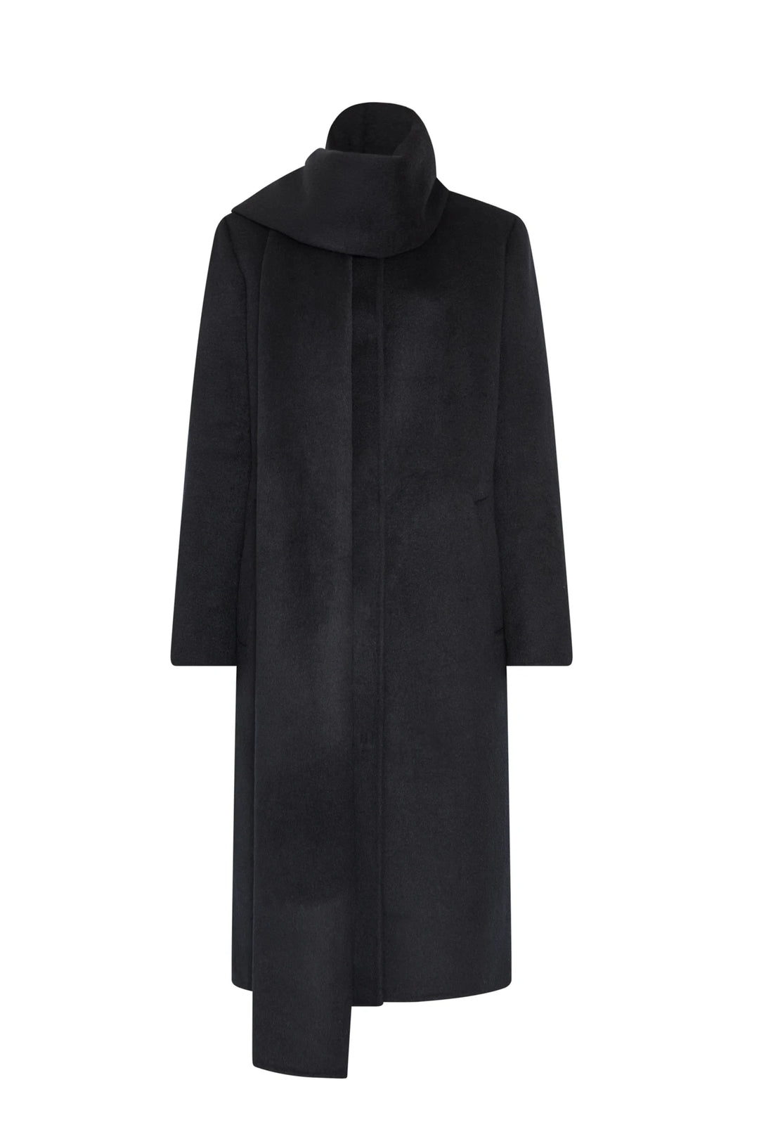 Structured wool coat with sculptural shoulders, detachable scarf, and high collar; front view on white.