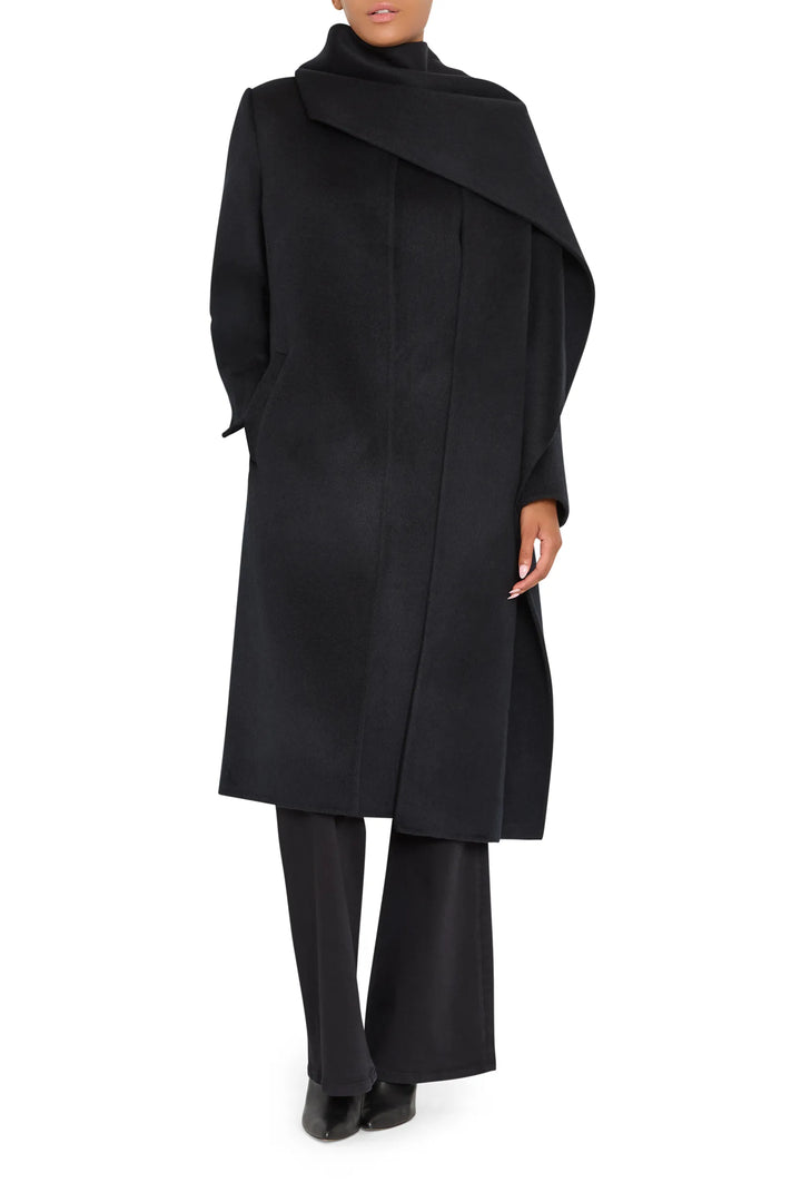 Long wool coat with detachable scarf, tailored silhouette, set-in sleeves, front buttons; front view on white.