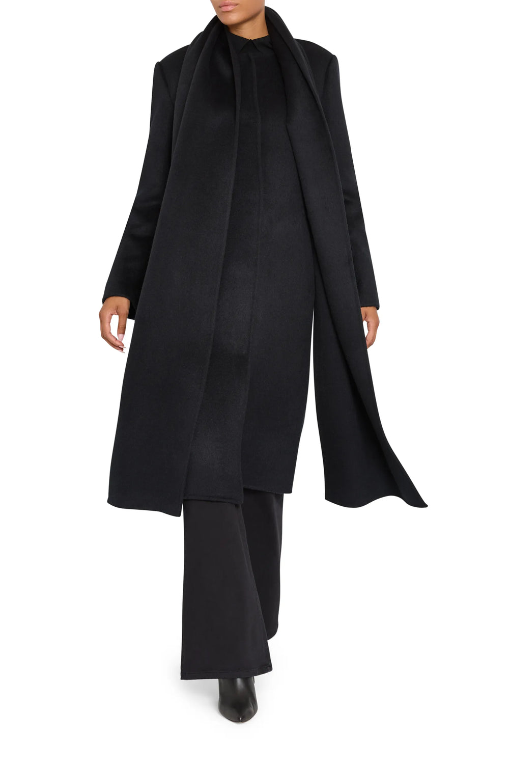 Longline Olivia Wool Coat with detachable scarf, structured shoulders, welt pockets; front view on model.