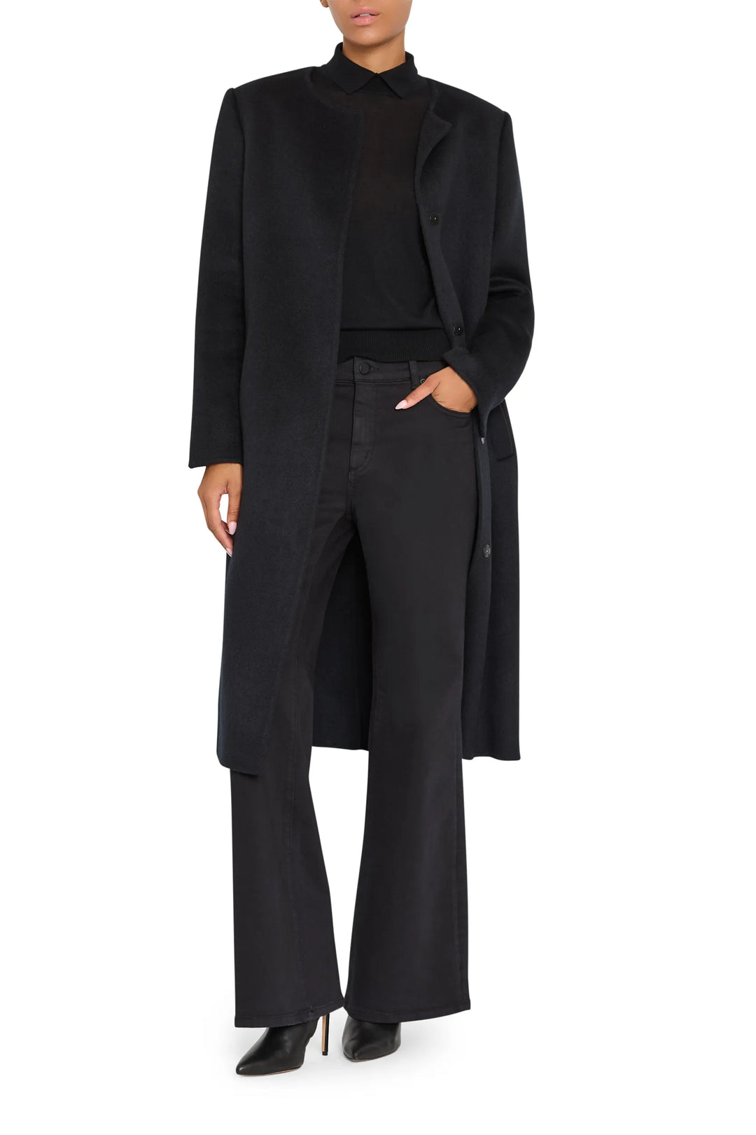 Tailored wool coat with detachable scarf, structured silhouette, clean lines, front view on white.