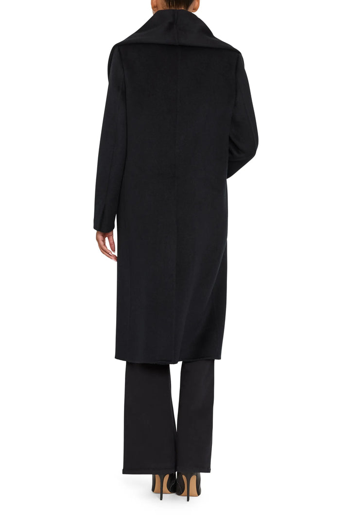 Wool coat with detachable scarf, straight silhouette, tailored seams; back view on white.