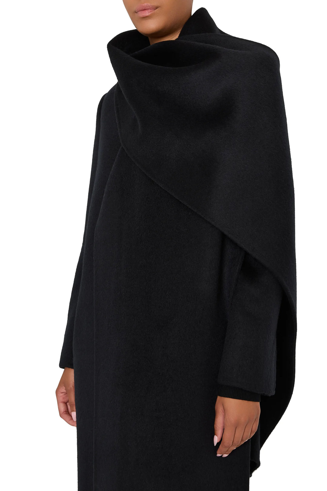 Long wool coat with draped collar and detachable scarf, straight silhouette, tailored construction, front view on model.