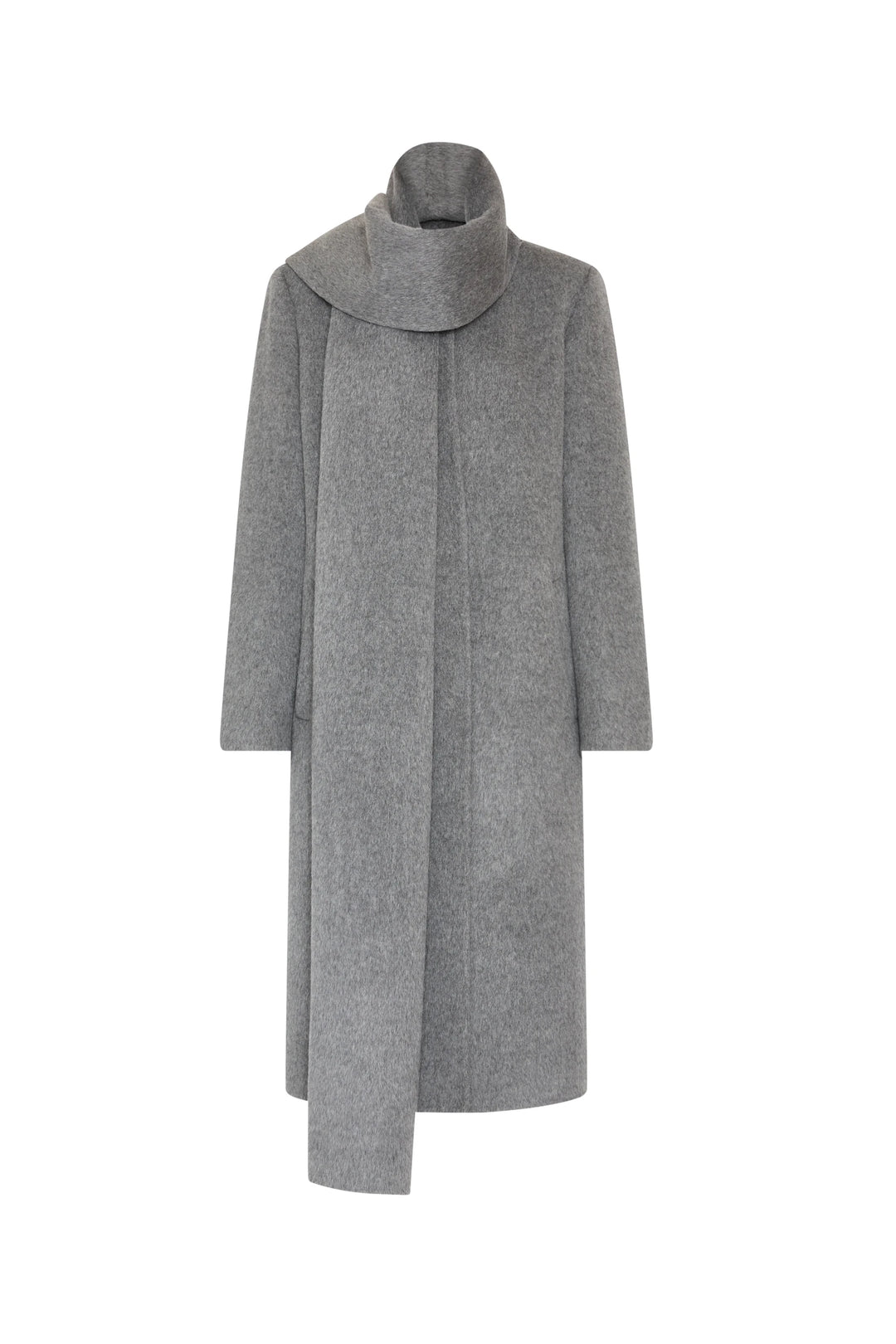Long wool coat with sculpted shoulders, long sleeves, detachable scarf; tailored construction. Front view on white.