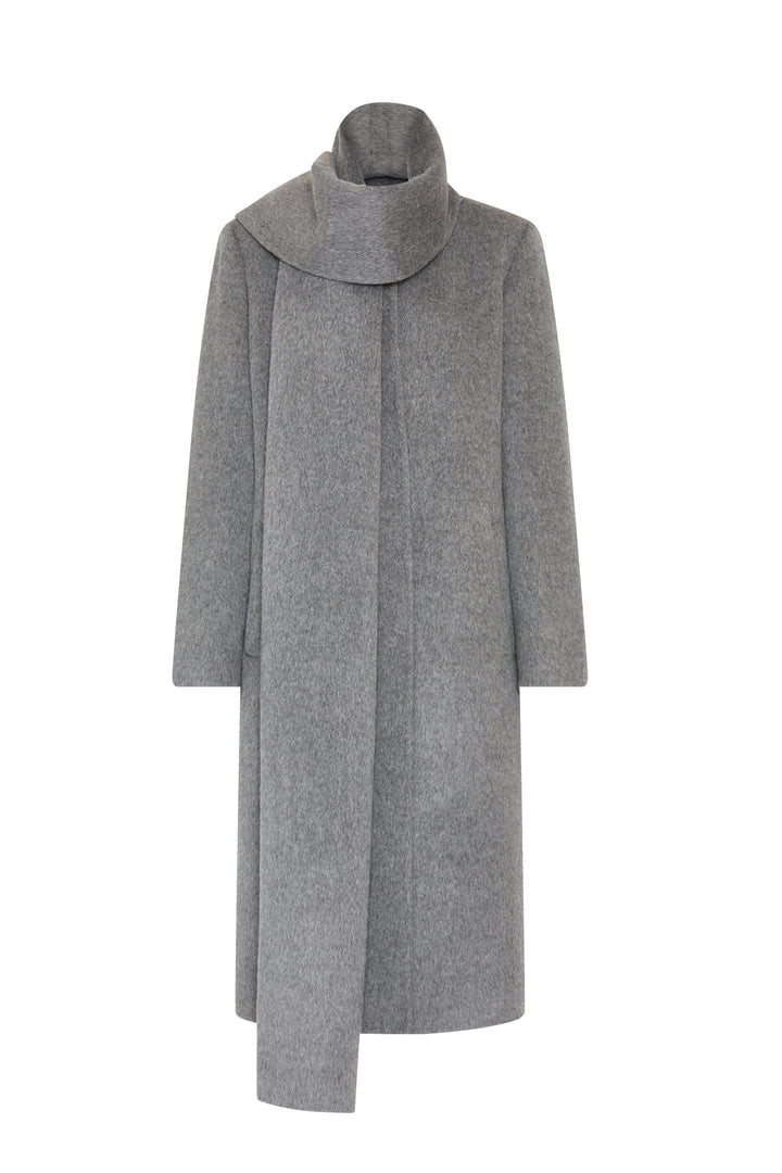 Long silhouette Olivia Wool Coat with sculpted shoulders, detachable scarf, tailored seams; front view on white.
