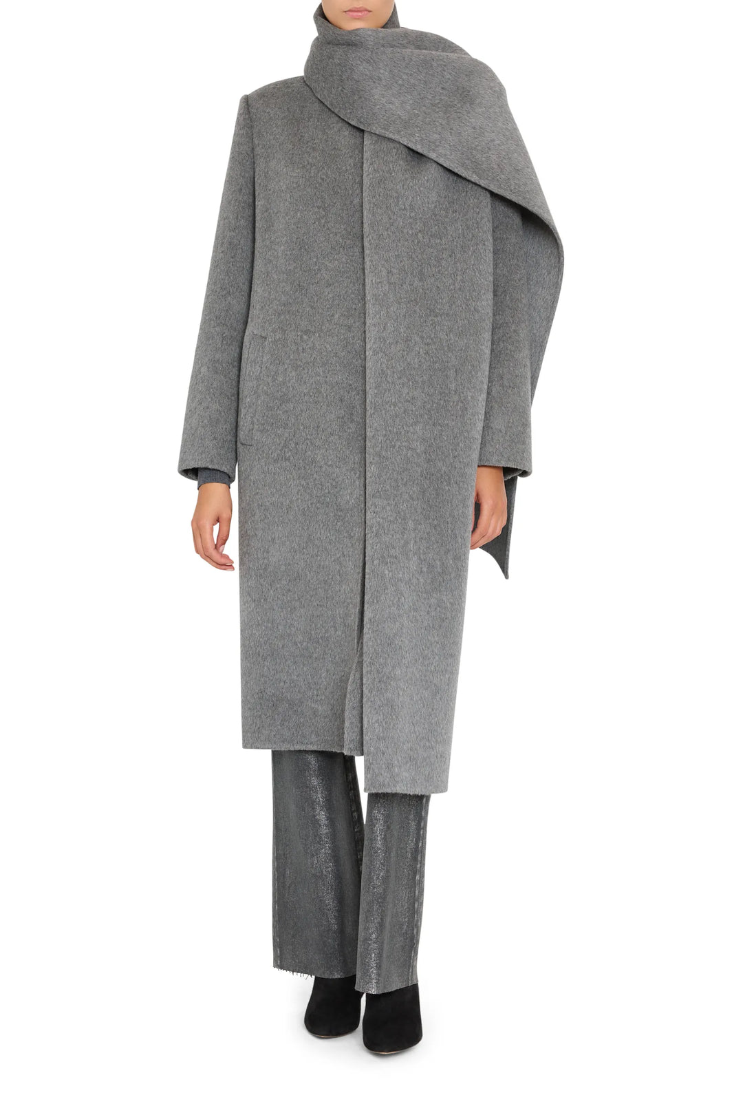 Longline Olivia Wool Coat with detachable scarf, notched collar, and concealed closure; front view on white.