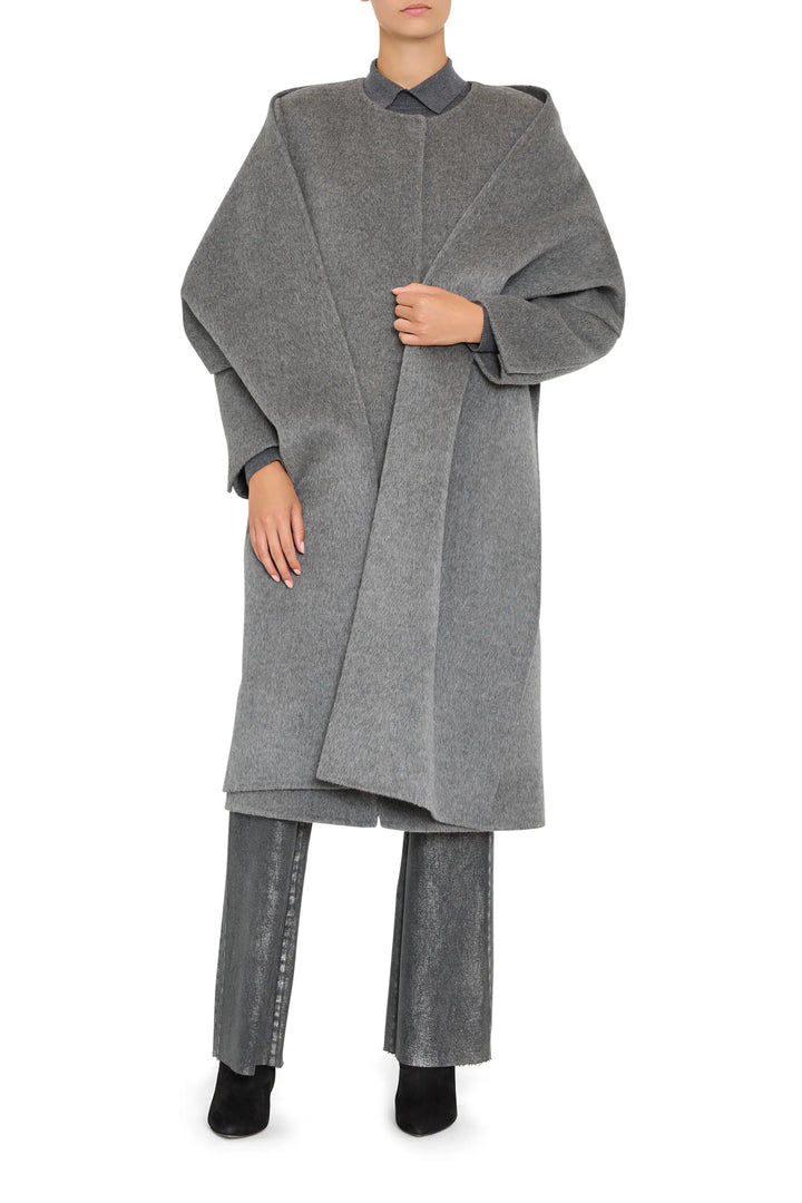 Olivia Wool Coat with detachable scarf, tailored silhouette, structured wool, front view on model.