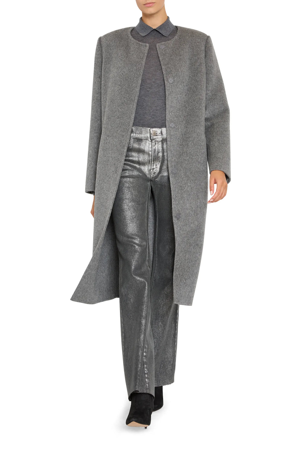 Long gray wool coat with detachable scarf, straight silhouette, clean lines; front view on model.