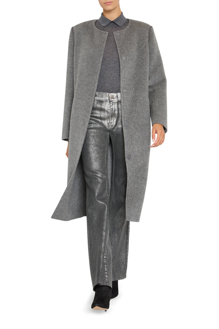Long gray wool coat with detachable scarf, straight silhouette, clean lines; front view on model.