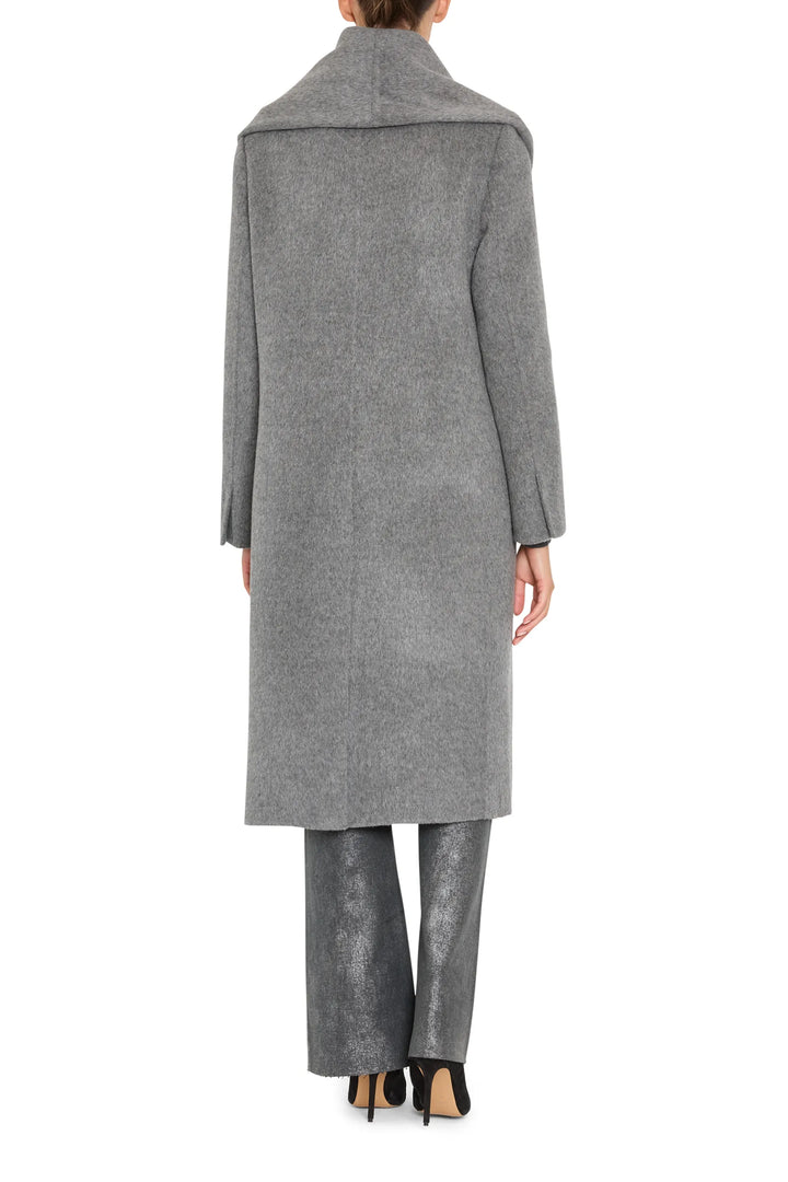 Long tailored coat with detachable scarf, streamlined silhouette, wool fabric; back view on model.