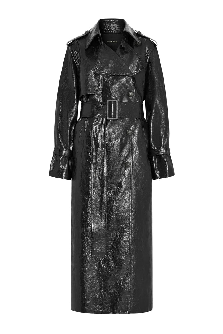 Shiny vegan leather coat with wide lapels, belted waist, long sleeves, tailored silhouette; front view on white.