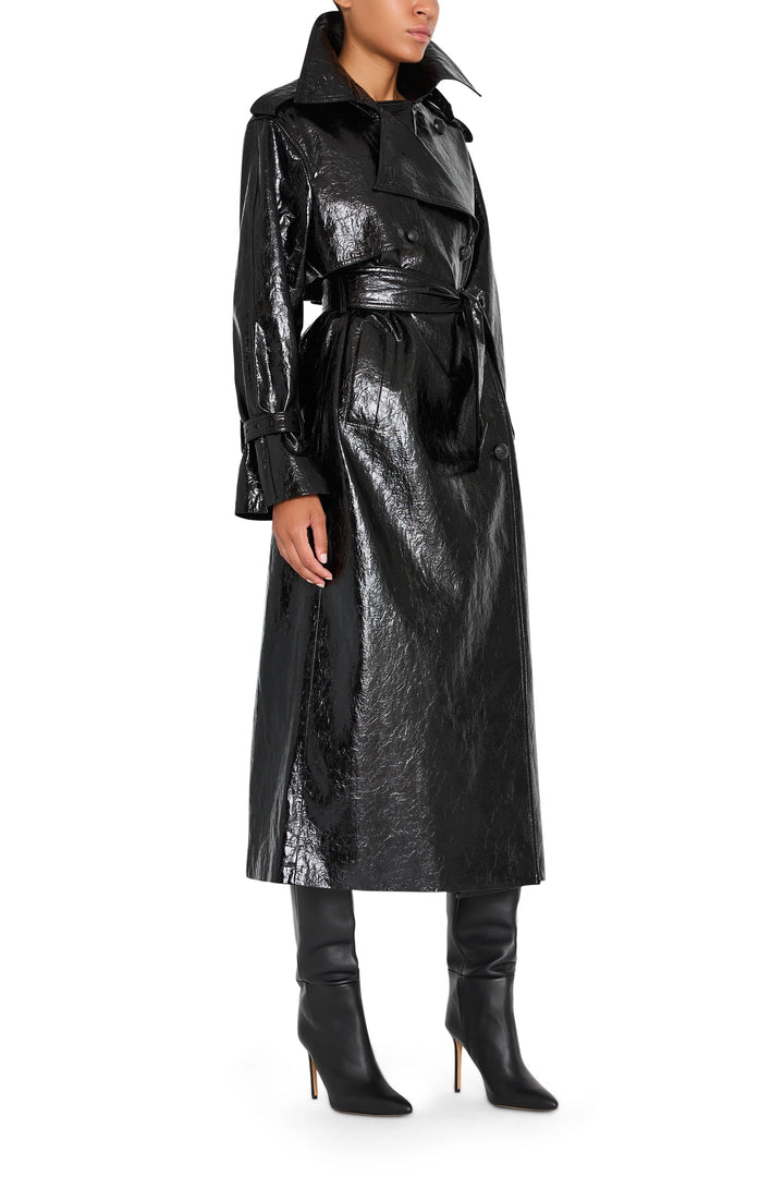 Rose Vegan Leather Coat with straight silhouette, waist belt, and notch lapel. Front view on white.