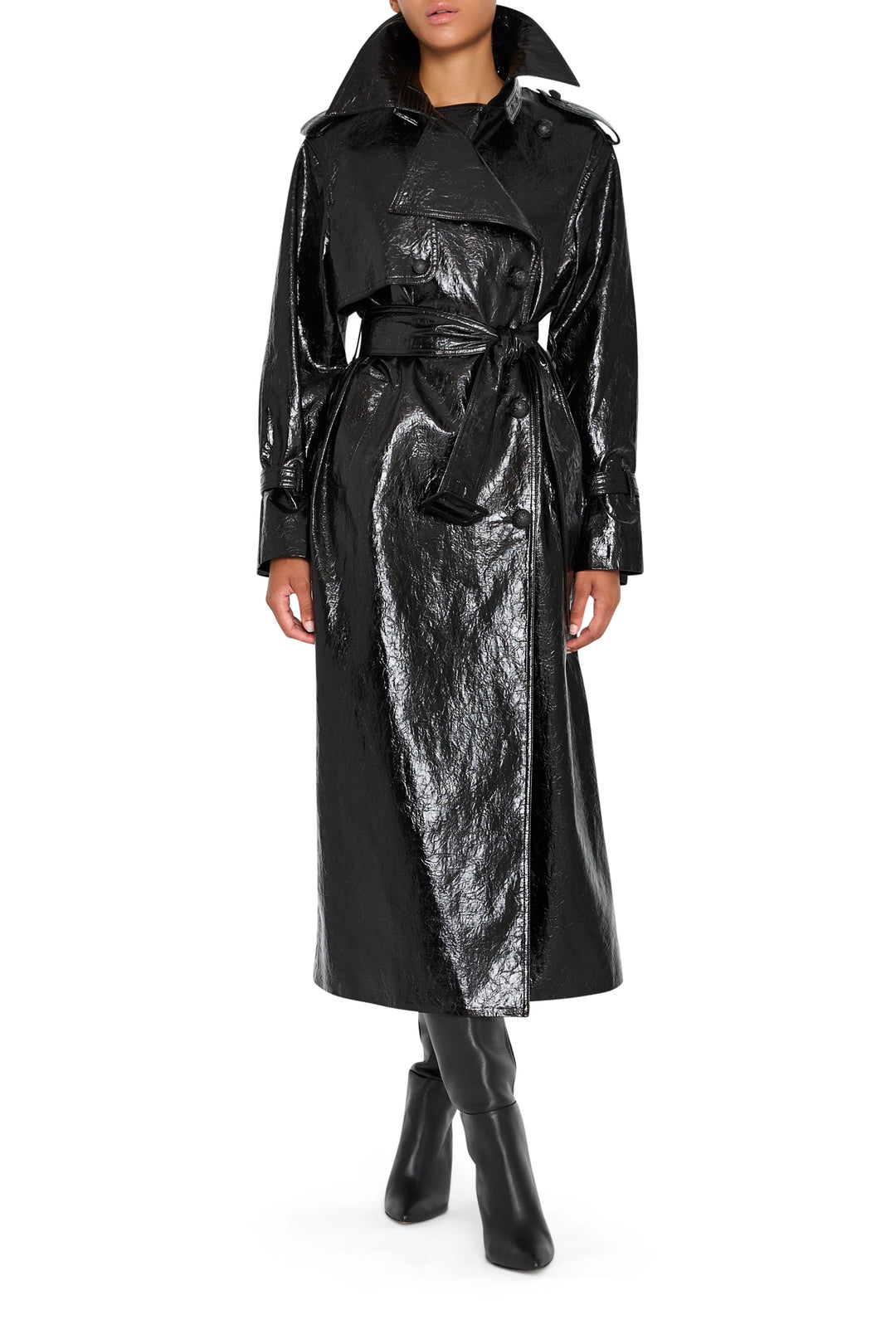 Longline vegan leather coat with structured shoulders, notch collar, and hidden snap closure; front view on white.