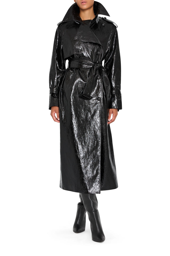 Longline vegan leather coat with structured shoulders, notch collar, and hidden snap closure; front view on white.