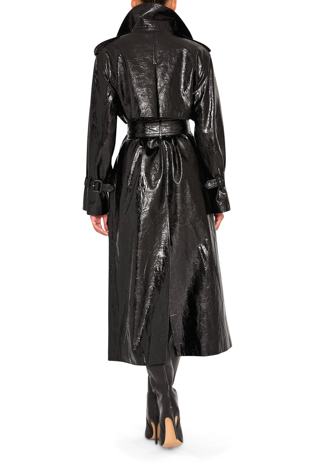 Long, straight-cut vegan leather coat with clean lines and tailored seams, back view on white.