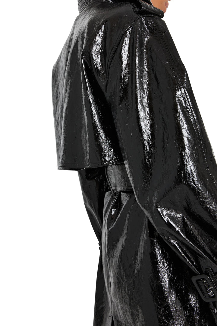 Rose vegan leather coat with military-style hardware, tailored silhouette, back view on model.