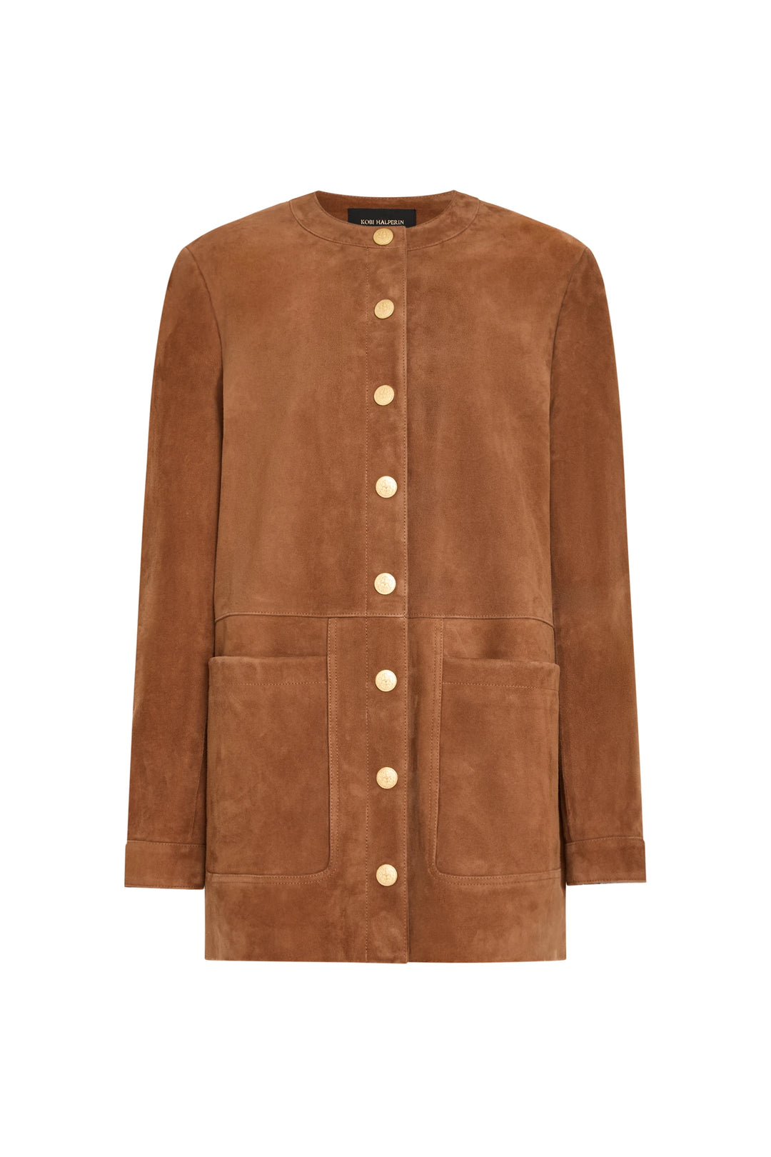 Brown suede coat with artisan snaps, two large front pockets, structured silhouette. Front view on white.