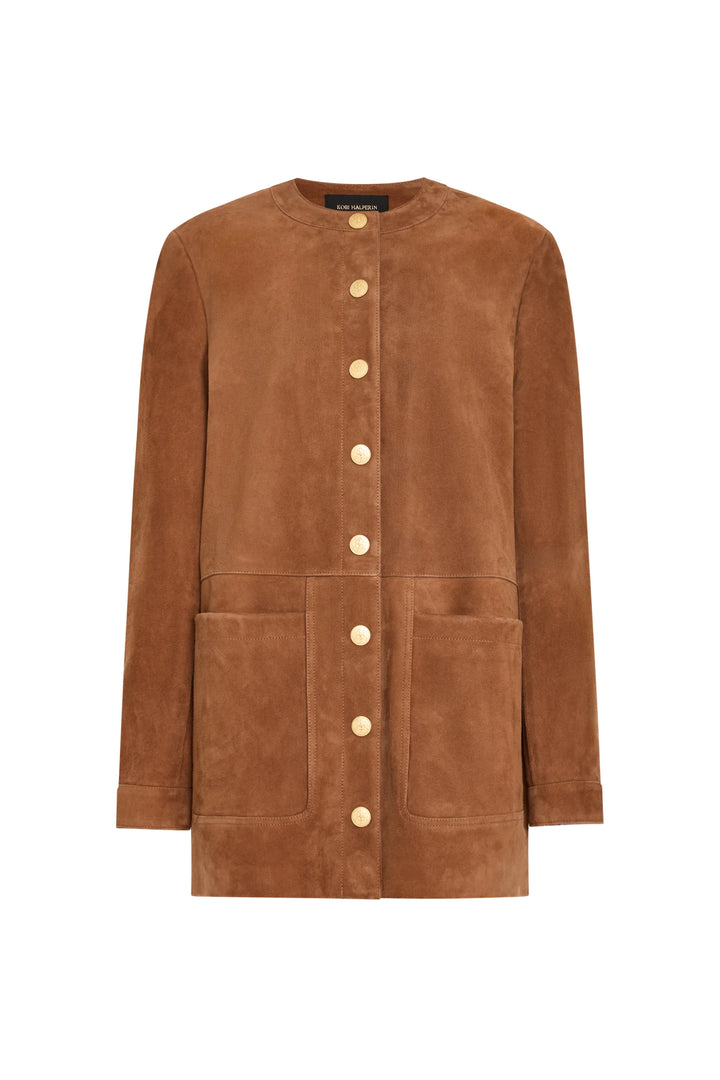 Brown suede coat with artisan snaps, two large front pockets, structured silhouette. Front view on white.