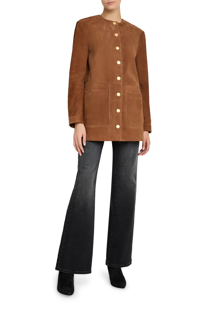 Suede coat with straight silhouette, structured seams, minimal details; hip length. Front view on model.