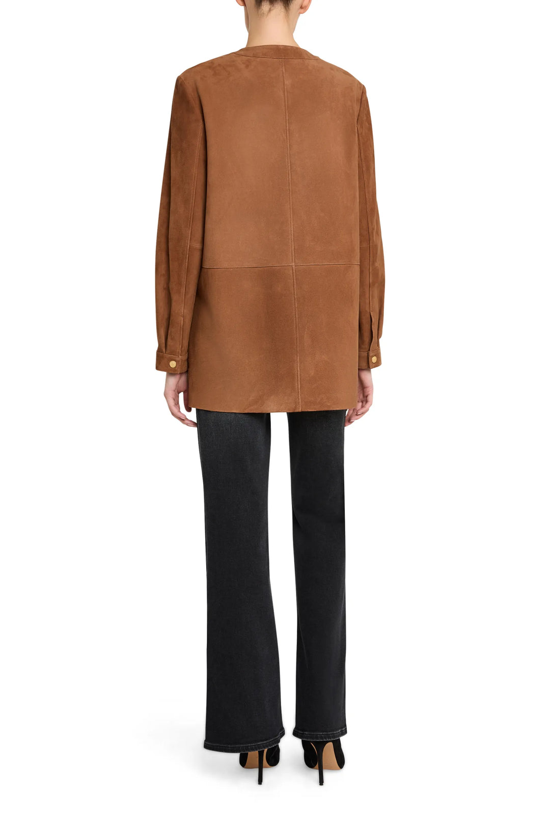 Suede coat with tailored silhouette, structured shoulders, topstitching detail; back view on model.