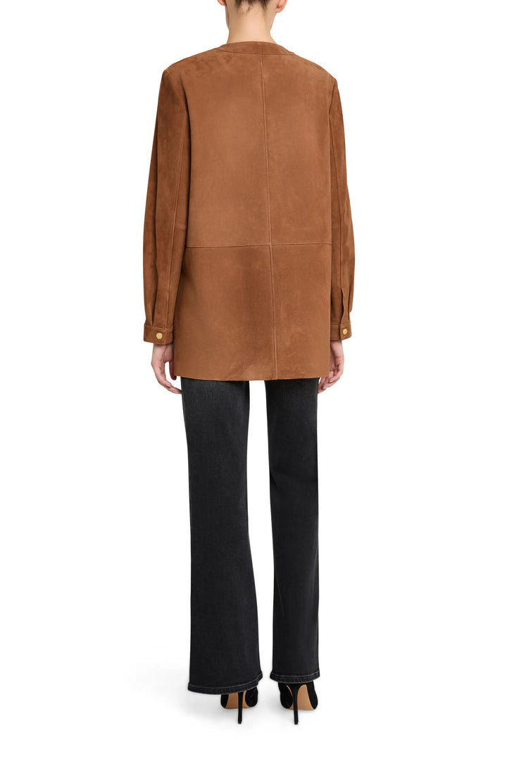 Suede coat with tailored silhouette, structured shoulders, topstitching detail; back view on model.