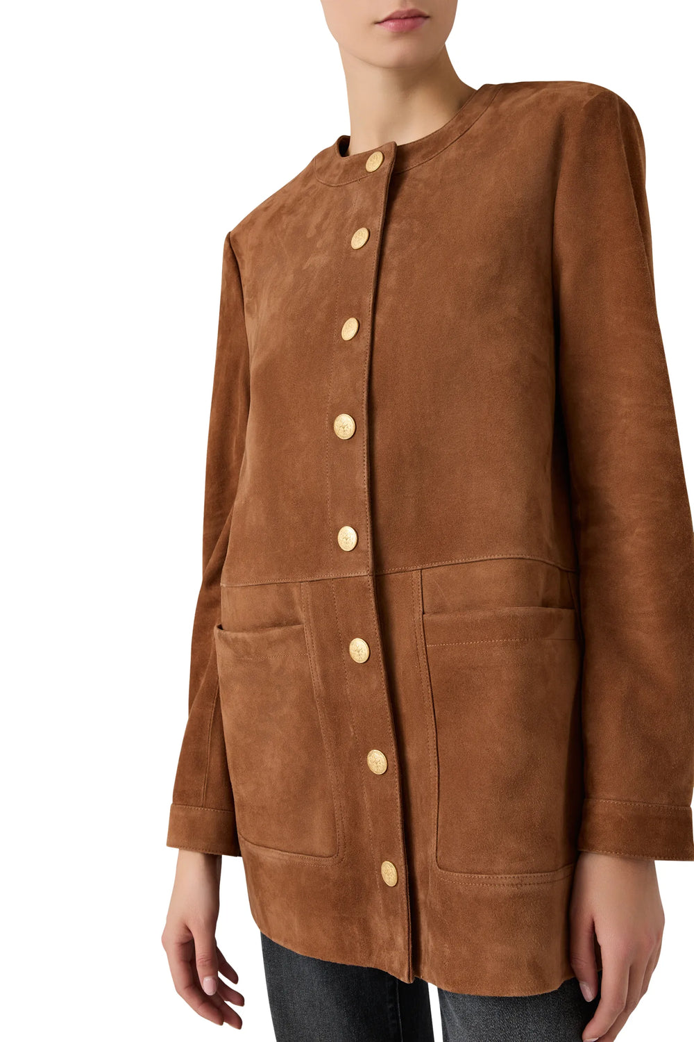 Linda Suede Coat with artisan snaps, large pockets, and relaxed silhouette in suede; front view on model.