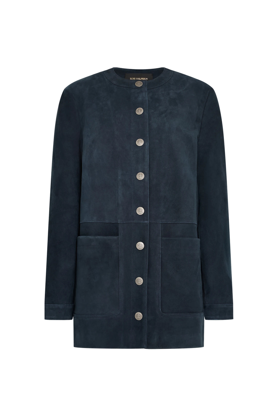 Navy suede jacket with round neck, artisan snaps, large front pockets, bonded finish; front view on white.