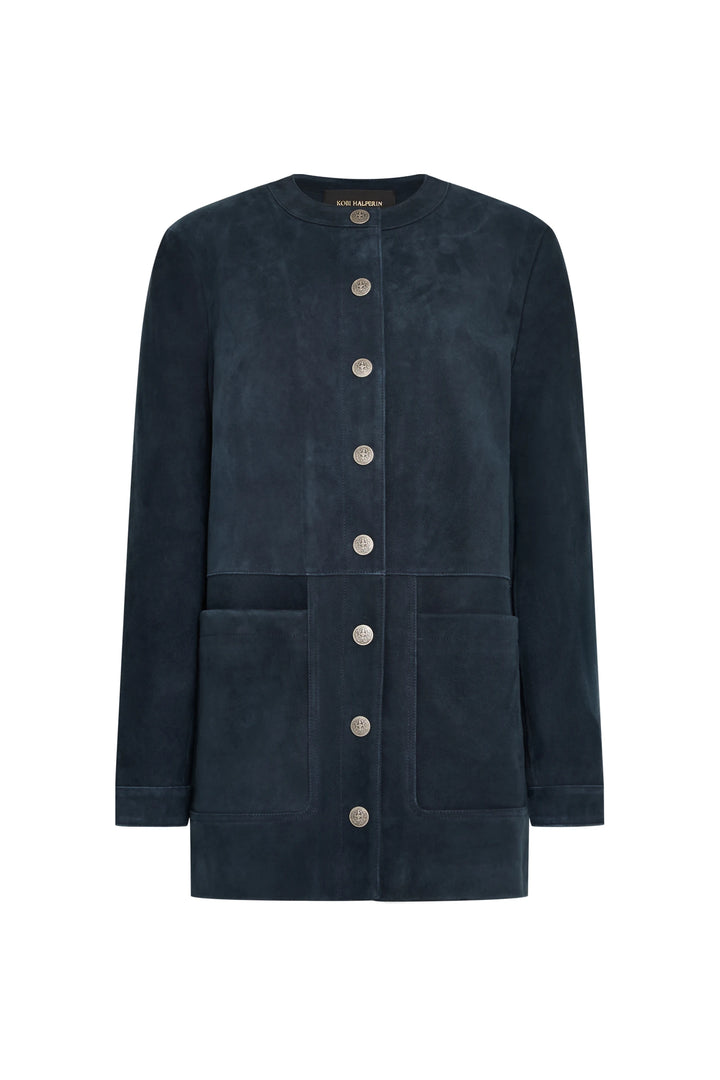 Navy suede jacket with round neck, artisan snaps, large front pockets, bonded finish; front view on white.