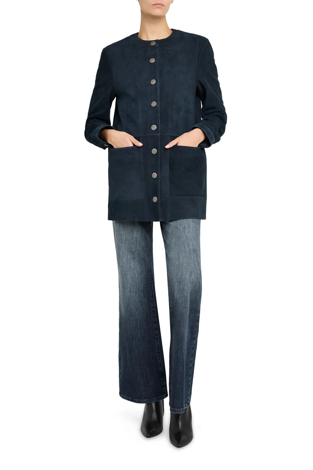 Linda Suede Coat with tailored silhouette, clean lines, and minimal detailing; front view on model.