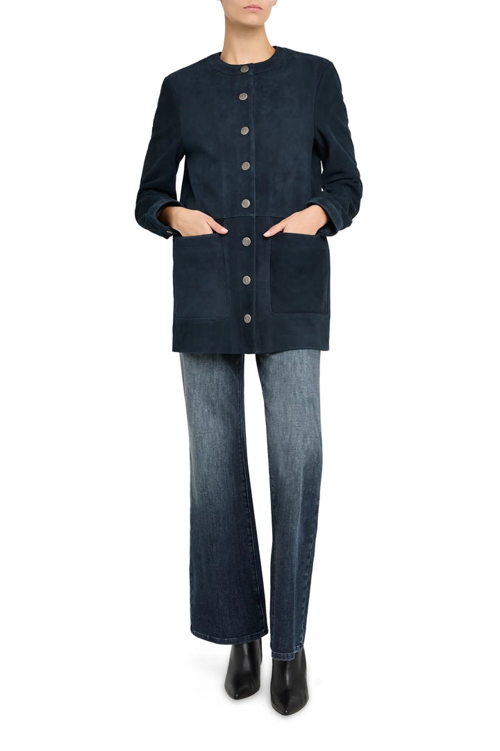 Linda Suede Coat with tailored silhouette, clean lines, and minimal detailing; front view on model.