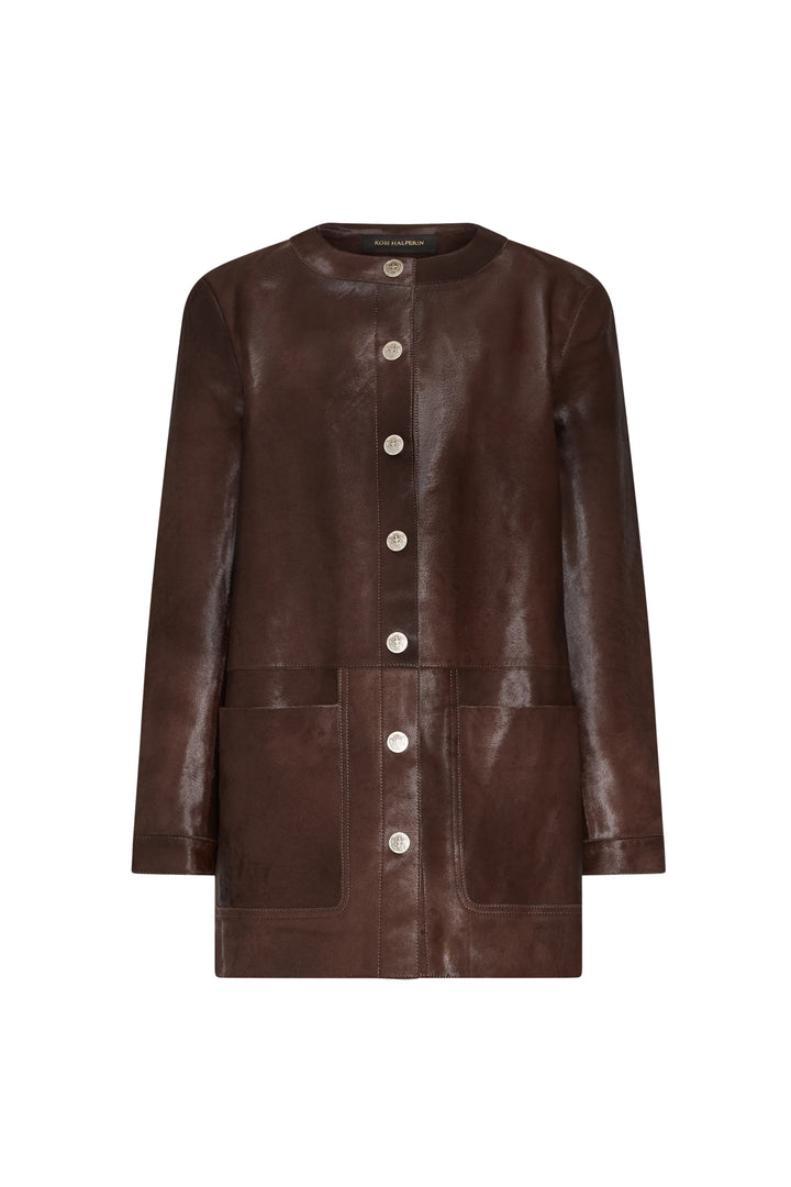 Lisa Pony Coat: structured silhouette, button-up front, topstitched pockets, smooth leather; front view on white.