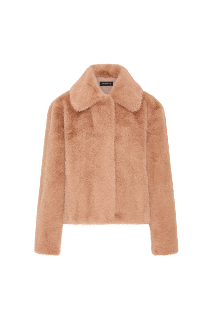 Short faux fur coat with jeweled embellishments, long sleeves, and wide collar. Front view on white.