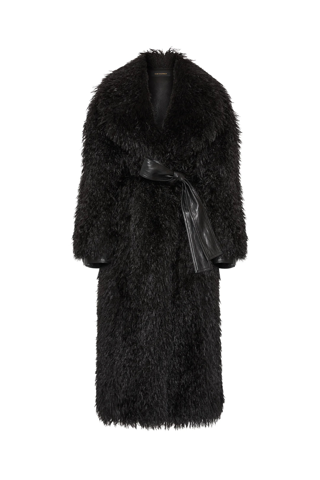 Long black faux Mongolian coat with wide collar and vegan leather tie belt, textured faux fur, front view on white.